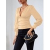 image:imageLYANER Womens Low Cut Strenchy Elastic Waist Ruched Long Sleeve Blouse Shirt TopBeige