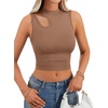 image:imageLYANER Womens Mock Turtle Neck Cut Out Crop Top Ribbed Knit Sexy Sleeveless Tank Top ShirtBrown