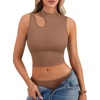 image:imageLYANER Womens Mock Turtle Neck Cut Out Crop Top Ribbed Knit Sexy Sleeveless Tank Top ShirtBrown