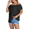 image:imageLYANER Womens Off Shoulder Ruffle Short Sleeve Ruched Casual Loose Tops Blouse ShirtPlain Black