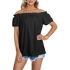 image:imageLYANER Womens Off Shoulder Ruffle Short Sleeve Ruched Casual Loose Tops Blouse ShirtPlain Black