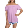 image:imageLYANER Womens Off Shoulder Ruffle Short Sleeve Ruched Casual Loose Tops Blouse ShirtSolid Violet