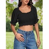 image:imageLYANER Womens Off The Shoulder Crop Tops Ruffle Trim Ruched Short Sleeve Peasant BlouseBlack