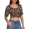 image:imageLYANER Womens Off The Shoulder Crop Tops Ruffle Trim Ruched Short Sleeve Peasant BlouseBlack Leopard