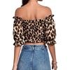 image:imageLYANER Womens Off The Shoulder Crop Tops Ruffle Trim Ruched Short Sleeve Peasant BlouseBlack Leopard