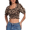 image:imageLYANER Womens Off The Shoulder Crop Tops Ruffle Trim Ruched Short Sleeve Peasant BlouseBlack Leopard