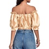 image:imageLYANER Womens Off The Shoulder Crop Tops Ruffle Trim Ruched Short Sleeve Peasant BlouseKhaki Lines