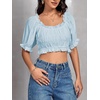 image:imageLYANER Womens Off The Shoulder Crop Tops Ruffle Trim Ruched Short Sleeve Peasant BlouseLight Blue