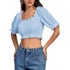 image:imageLYANER Womens Off The Shoulder Crop Tops Ruffle Trim Ruched Short Sleeve Peasant BlouseLight Blue