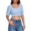 image:imageLYANER Womens Off The Shoulder Crop Tops Ruffle Trim Ruched Short Sleeve Peasant BlouseLight Blue