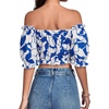 image:imageLYANER Womens Off The Shoulder Crop Tops Ruffle Trim Ruched Short Sleeve Peasant BlouseLight Royal Blue Blocks