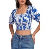 image:imageLYANER Womens Off The Shoulder Crop Tops Ruffle Trim Ruched Short Sleeve Peasant BlouseLight Royal Blue Blocks