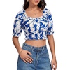 image:imageLYANER Womens Off The Shoulder Crop Tops Ruffle Trim Ruched Short Sleeve Peasant BlouseLight Royal Blue Blocks