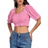 image:imageLYANER Womens Off The Shoulder Crop Tops Ruffle Trim Ruched Short Sleeve Peasant BlousePink