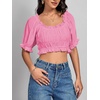 image:imageLYANER Womens Off The Shoulder Crop Tops Ruffle Trim Ruched Short Sleeve Peasant BlousePink