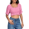 image:imageLYANER Womens Off The Shoulder Crop Tops Ruffle Trim Ruched Short Sleeve Peasant BlousePink