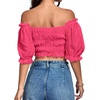 image:imageLYANER Womens Off The Shoulder Crop Tops Ruffle Trim Ruched Short Sleeve Peasant BlouseRose