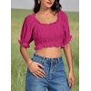 image:imageLYANER Womens Off The Shoulder Crop Tops Ruffle Trim Ruched Short Sleeve Peasant BlouseRose