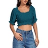 image:imageLYANER Womens Off The Shoulder Crop Tops Ruffle Trim Ruched Short Sleeve Peasant BlouseTeal Blue