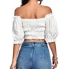 image:imageLYANER Womens Off The Shoulder Crop Tops Ruffle Trim Ruched Short Sleeve Peasant BlouseWhite