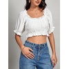 image:imageLYANER Womens Off The Shoulder Crop Tops Ruffle Trim Ruched Short Sleeve Peasant BlouseWhite