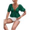 image:imageLYANER Womens Satin Deep V Neck Puff Short Sleeve Tie Front Ruffle Hem Blouse Crop Peplum TopDark Green