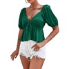 image:imageLYANER Womens Satin Deep V Neck Puff Short Sleeve Tie Front Ruffle Hem Blouse Crop Peplum TopDark Green