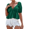image:imageLYANER Womens Satin Deep V Neck Puff Short Sleeve Tie Front Ruffle Hem Blouse Crop Peplum TopDark Green