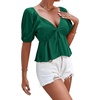 image:imageLYANER Womens Satin Deep V Neck Puff Short Sleeve Tie Front Ruffle Hem Blouse Crop Peplum TopDark Green