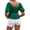 image:imageLYANER Womens Satin Deep V Neck Puff Short Sleeve Tie Front Ruffle Hem Blouse Crop Peplum TopDark Green