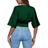 image:imageLYANER Womens Satin Deep V Neck Ruched Blouse Shirred Back Batwing Short Sleeve Crop TopDark Green