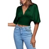 image:imageLYANER Womens Satin Deep V Neck Ruched Blouse Shirred Back Batwing Short Sleeve Crop TopDark Green
