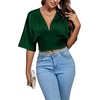 image:imageLYANER Womens Satin Deep V Neck Ruched Blouse Shirred Back Batwing Short Sleeve Crop TopDark Green