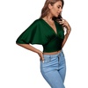 image:imageLYANER Womens Satin Deep V Neck Ruched Blouse Shirred Back Batwing Short Sleeve Crop TopDark Green