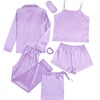 image:imageLYANER Womens Satin Pajamas Set 7pcs Silky Sleepwear Loungewear Cami Shorts and Button Down Long Sleeve Pjs SetPurple