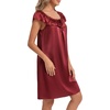 image:imageLYANER Womens Satin Silky Lace Trim Square Neck Ruffle Cap Sleeve Casual Midi Night DressWine Red