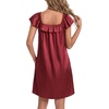 image:imageLYANER Womens Satin Silky Lace Trim Square Neck Ruffle Cap Sleeve Casual Midi Night DressWine Red