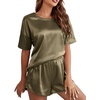 image:imageLYANER Womens Satin Silky Pajama Set Short Sleeve Tshirt With Shorts Set PJ LoungewearOlive Green