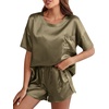 image:imageLYANER Womens Satin Silky Pajama Set Short Sleeve Tshirt With Shorts Set PJ LoungewearOlive Green
