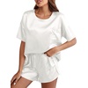 image:imageLYANER Womens Satin Silky Pajama Set Short Sleeve Tshirt With Shorts Set PJ LoungewearWhite