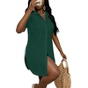 image:imageLYANER Womens Sexy Collar Neck Short Sleeve Button Down Long Shirt Slit Hem Blouse High Low TopDark Green