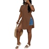 image:imageLYANER Womens Sexy Collar Neck Short Sleeve Button Down Long Shirt Slit Hem Blouse High Low TopLight Brown