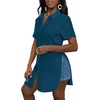 image:imageLYANER Womens Sexy Collar Neck Short Sleeve Button Down Long Shirt Slit Hem Blouse High Low TopTeal Blue