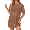 image:imageLYANER Womens Sheer Mesh Short Sleeve Tops Sexy See Through Oversized Shirt Dress Cover Ups TunicBrown