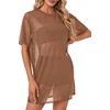 image:imageLYANER Womens Sheer Mesh Short Sleeve Tops Sexy See Through Oversized Shirt Dress Cover Ups TunicBrown