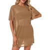 image:imageLYANER Womens Sheer Mesh Short Sleeve Tops Sexy See Through Oversized Shirt Dress Cover Ups TunicLight Brown01