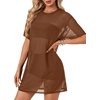 image:imageLYANER Womens Sheer Mesh Short Sleeve Tops Sexy See Through Oversized Shirt Dress Cover Ups TunicLight Caramel