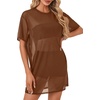 image:imageLYANER Womens Sheer Mesh Short Sleeve Tops Sexy See Through Oversized Shirt Dress Cover Ups TunicLight Caramel