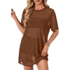 image:imageLYANER Womens Sheer Mesh Short Sleeve Tops Sexy See Through Oversized Shirt Dress Cover Ups TunicLight Caramel