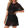 image:imageLYANER Womens Sheer Mesh Short Sleeve Tops Sexy See Through Oversized Shirt Dress Cover Ups TunicSolid Black